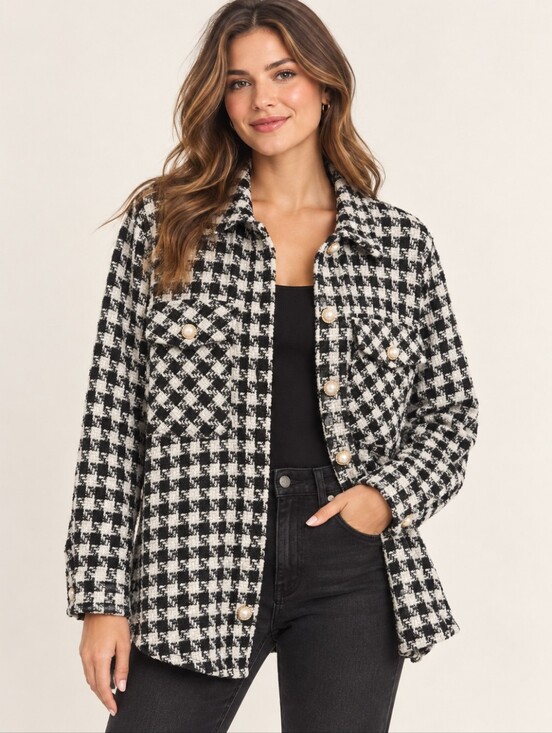 HYFVE Jackets & Blazers - HYFVE Houndstooth Tweed Shacket Pearl Buttons Black White M NWT